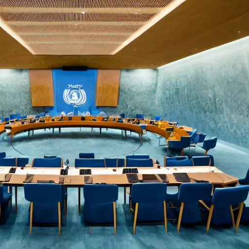 Prompt: united nations negotiating chamber, no people, 8 k photorealistic