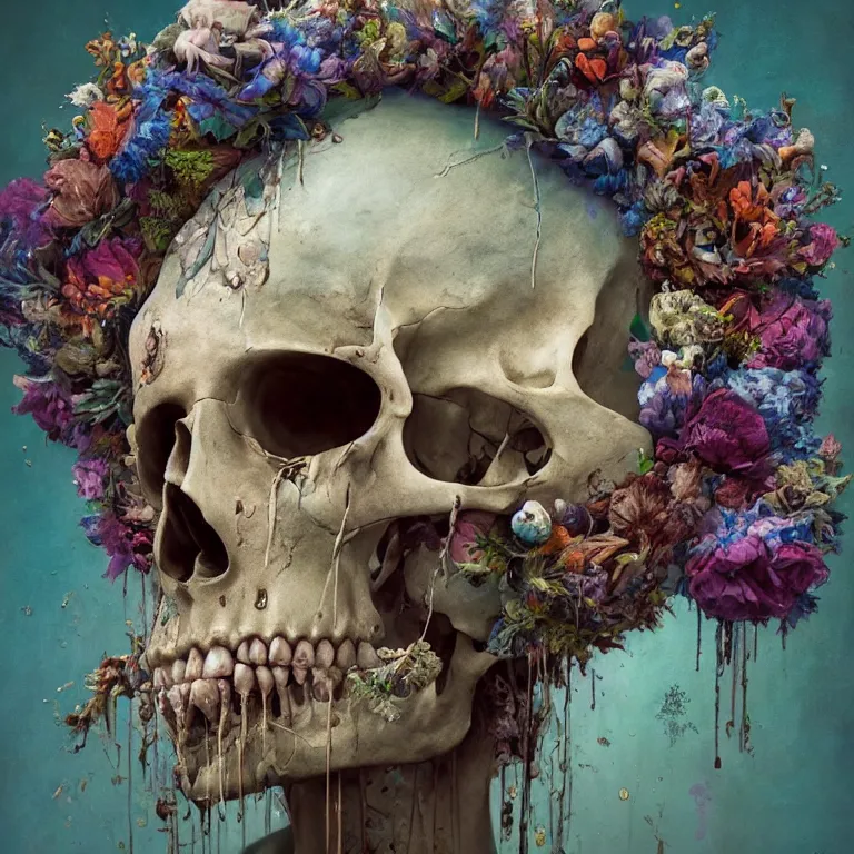 Image similar to A beautiful oil painting hyperrealism of a decayed head, rotting clay skin, skull bones, flowers, floral headdress, 8k resolution, octane render, Trending on artstation, by Gediminas Pranckevicius, volumetric light 2blue fractal Thunder glow by dan mumford, anaglyph effect, Laurie Lipton