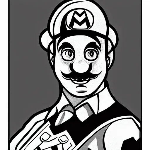 Image similar to a black and white pencil illustration portrait of super mario in the style of stanislaw szukalski