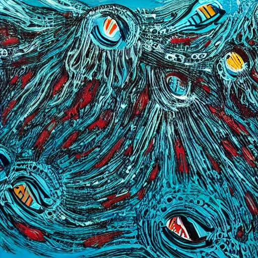 Prompt: weird fishes at the bottom of the sea, painting by stanley donwood, layered texture, shimmering