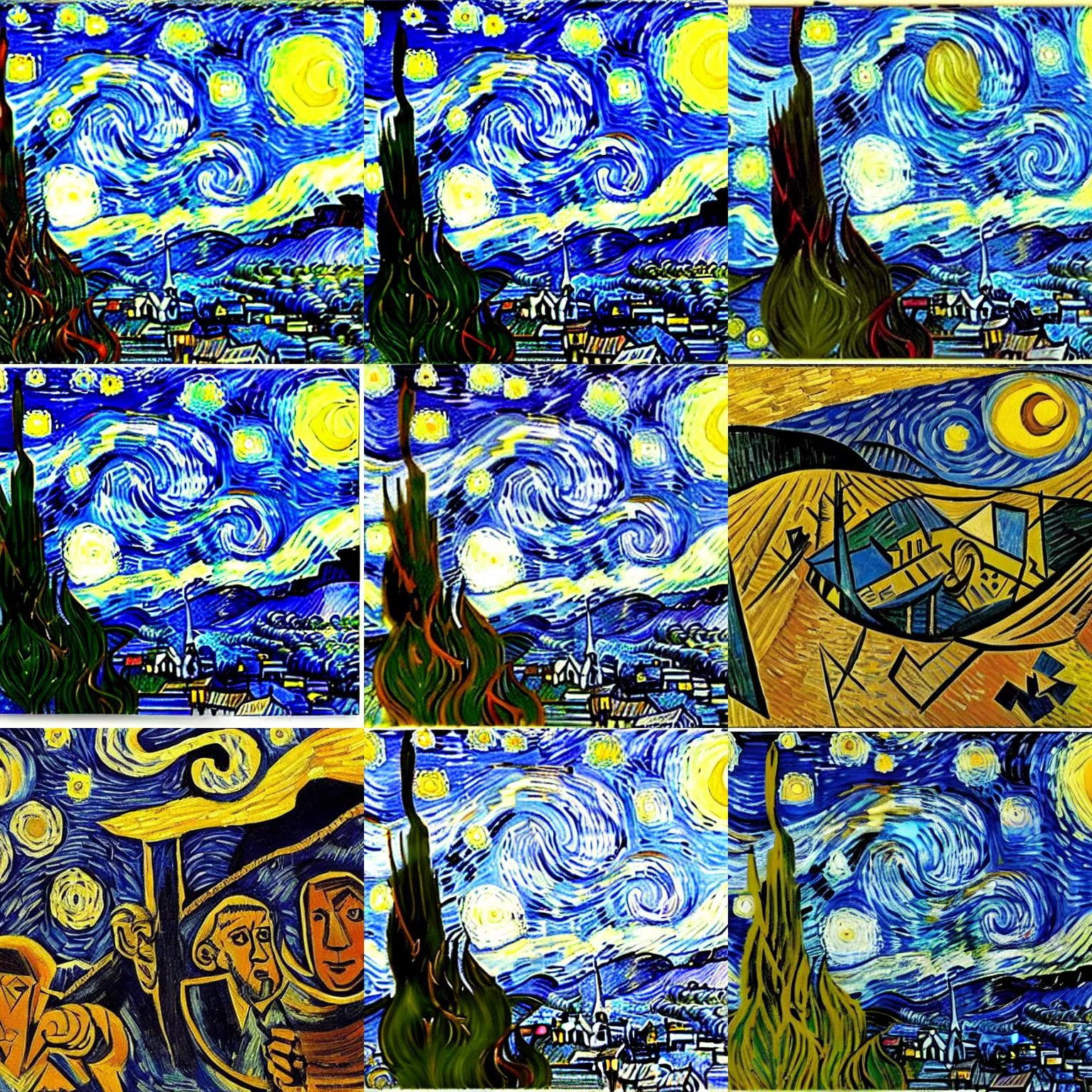 Prompt: van gogh's starry night in the cubism style, picasso, georges braque