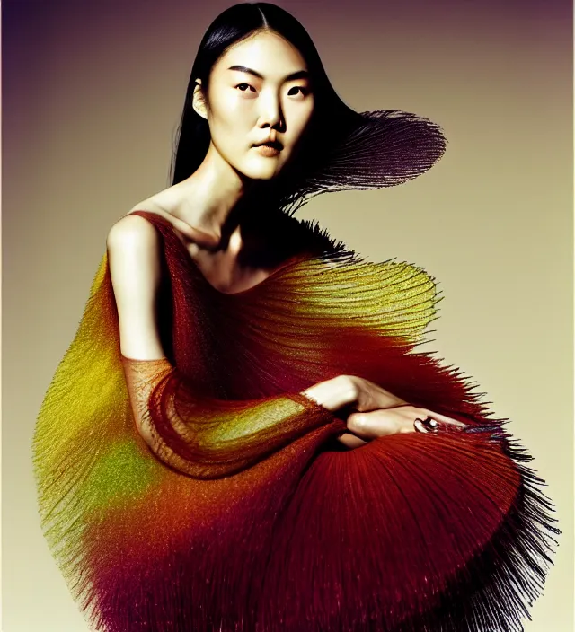 Image similar to photography american portrait of liu wen, natural background, sensual lighting, natural fragile pose, wearing stunning dress by iris van herpen, with a colorfull makeup. highly detailed, skin grain detail, photography by paolo roversi, nick knight, helmut newton, avedon, araki