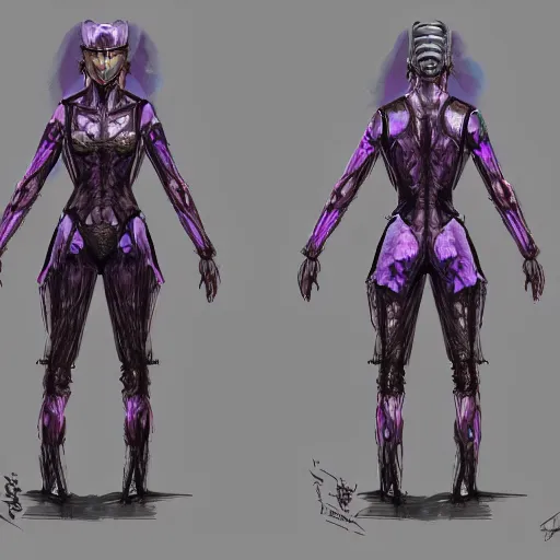 Prompt: character design sketch humanoid by ahmet atil akar, concept art character, cyberpunk fashion, with body made of purple lava and fire, marvelous designer, fantasy, painted, 4 k, high detail, sharp focus, trending in artstation