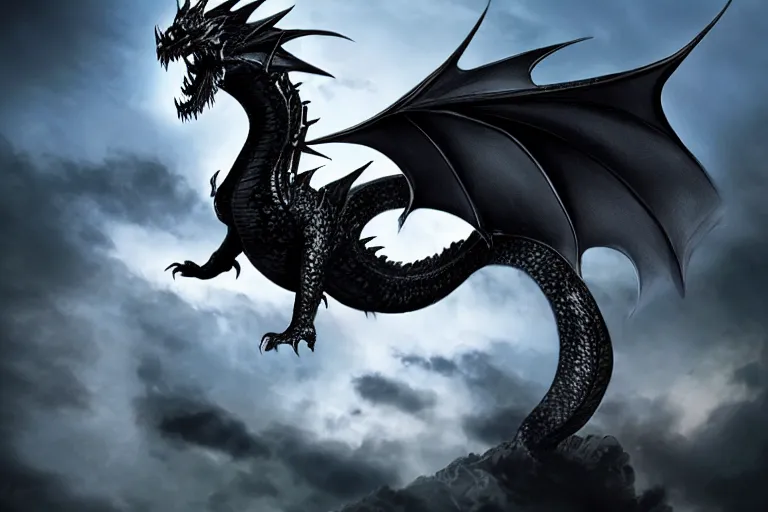 Prompt: A fantasy black dragon, dramatic