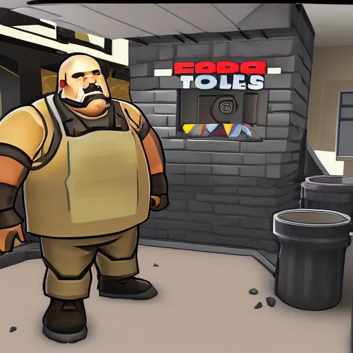 Image similar to heavy weapons guy from tf 2, in line at taco bell
