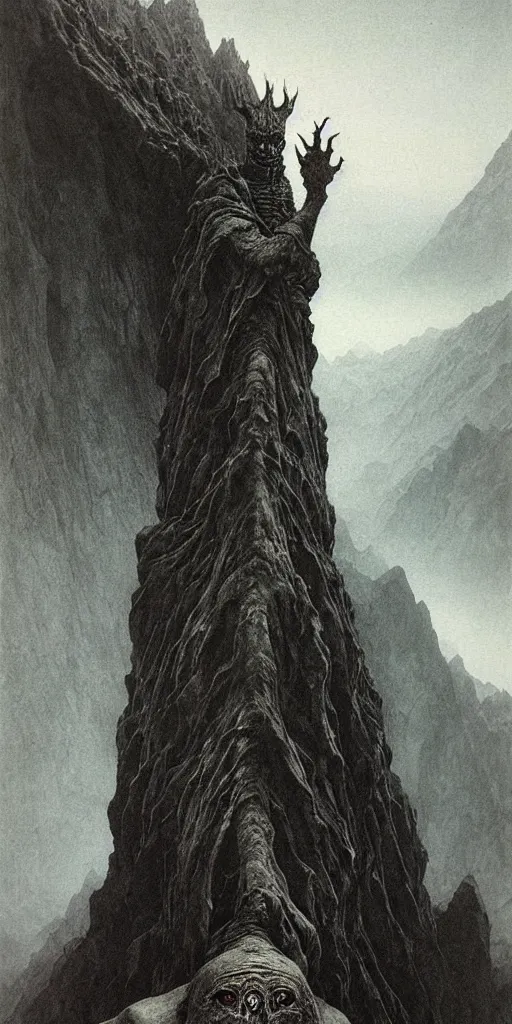 Prompt: A detailed lonley enormous sock with evil eyes stands among the mountains. Wearing a ripped mantle, robe. Perfect face, colossal scale, extremely high details, realistic, fantasy art, solo, masterpiece, art by Zdzisław Beksiński, Arthur Rackham, Dariusz Zawadzki