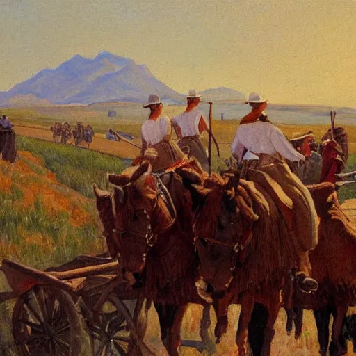 Prompt: Mormon pioneers enter the Salt Lake Valley, by Minerva Teichert, oil on canvas, detailed scan