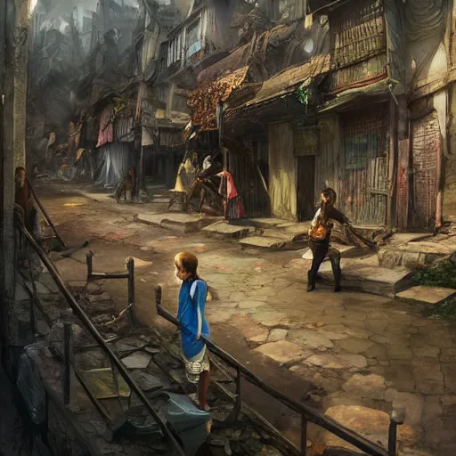Image similar to slum neighborhood in lord of the ring world, fantasy, on artgerm, ilya yefimovich repin style, hyperrealistic content, high definition content, intricate, delete duplicate content, justify content center, ultra detailed content, 5 dark tone colors