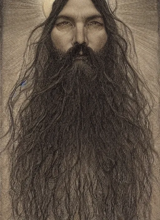 Prompt: portrait of an unkle blue moon with long black hair and beard, by jean delville