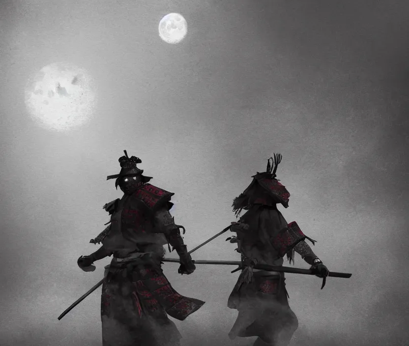 Image similar to '2d design graphic a samurai in the night ,big white moon background , gloomy and foggy atmosphere, octane render, artstation trending, horror scene, highly detailded'