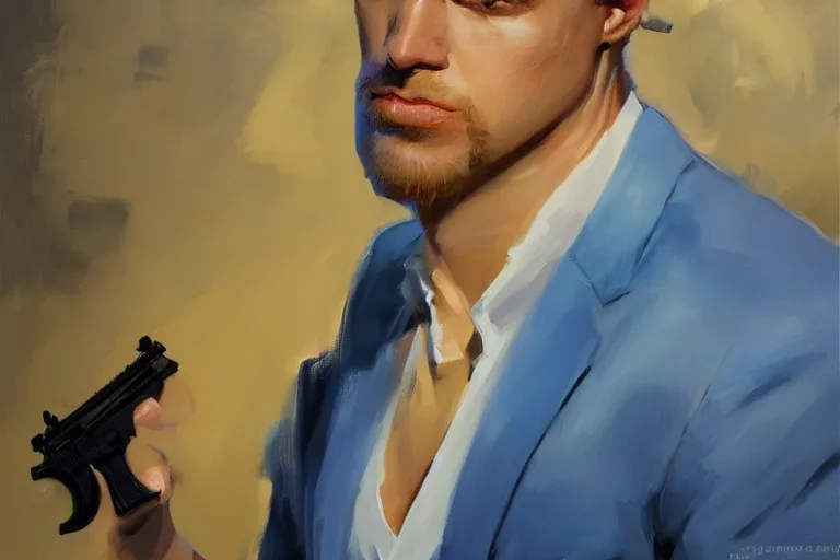 Prompt: greg manchess portrait painting of a blond man in a blue suit with a sword and a pistol, asymmetrical, profile picture, organic painting, sunny day, matte painting, bold shapes, hard edges, street art, trending on artstation, by huang guangjian, gil elvgren, ruan jia, randy vargas, greg rutkowski