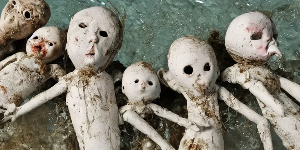 Prompt: underwater rotted dolls reaching to the surface, murky, disgusting, ghostlike