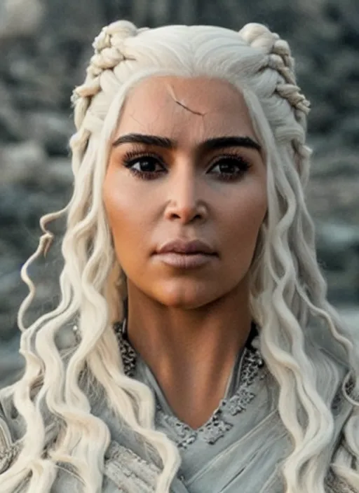 Image similar to film still of beautiful beautiful kim kardashian as daenerys targaryen in game of thrones.