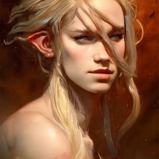 Image similar to A head-on detailed oil portrait of a distinguished elf woman with curly copper horns, long blonde hairs and bright irises, by greg rutkowski, trending on artstation, dungeon and dragons art