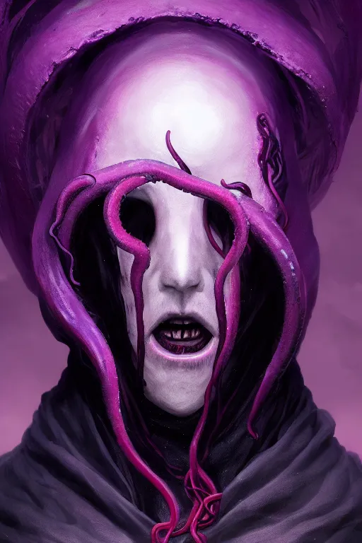 Image similar to A full body portrait of a mysterious character (male) with no face with a very long hooded dark purple cloak tentacles coming out the ground art by Maciej Kuciara and Jason Chan, ominous, cosmic horror, trending on artstation, detailed, realistic 4k