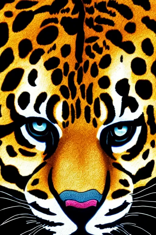 Image similar to 8K UHD tigerpunk leopard panther, long wavy fur, bright eyes, long fangs, medium full shot, colored asian ink drawing, anime, cartoon, Korean folk art