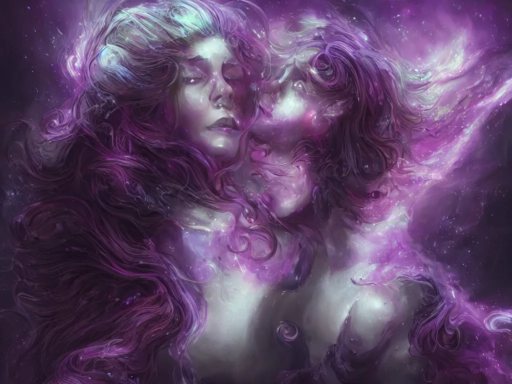 Image similar to epic portrait an beautiful nebulae goddess with purple long flowing hair and purple glowing eyes, sweaty skin, beautiful face, blurry lighting strike space backround, digital painting, artstation, concept art, soft light, hdri, smooth, sharp focus, illustration, fantasy, intricate, elegant, highly detailed, D&D, matte painting, in the style of Greg Rutkowski and Alphonse Mucha and artemisia, 8k, highly detailed, jurgens, rutkowski, bouguereau, pastoral, rustic, georgic, detailed concept art, illustration, colorful pastel, painting, detail, ultra detailed, digital art, 4K,