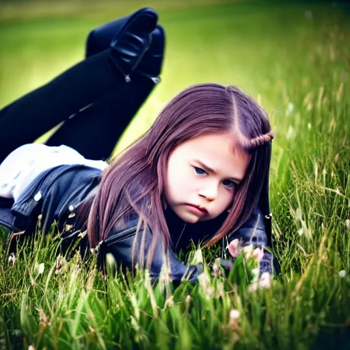 Prompt: young girl lies on a meadow, she has 2 pony tails and wears leather jacket, jeans and knee high black boots, sharp focus, photo taken by nikon, 4 k,