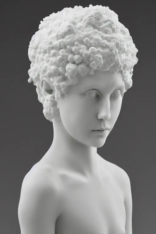 Image similar to full head and shoulders, beautiful female porcelain sculpture by daniel arsham and raoul marks, smooth, all white features on a white background, hair piled high like ice - cream, delicate facial features, white eyes, white lashes, detailed white,