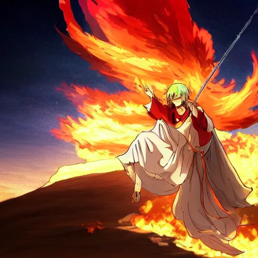 Prompt: a beautiful ultradetailed anime illustration of a man in Biblical clothing flying in the sky on his fiery chariot, desert background chariot on fire, horses on fire by makoto shinkai, anime wallpaper 4k, prismatic