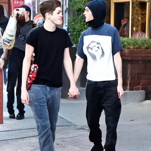Image similar to paparazzi footage of pete davidson holding hands with the babadook