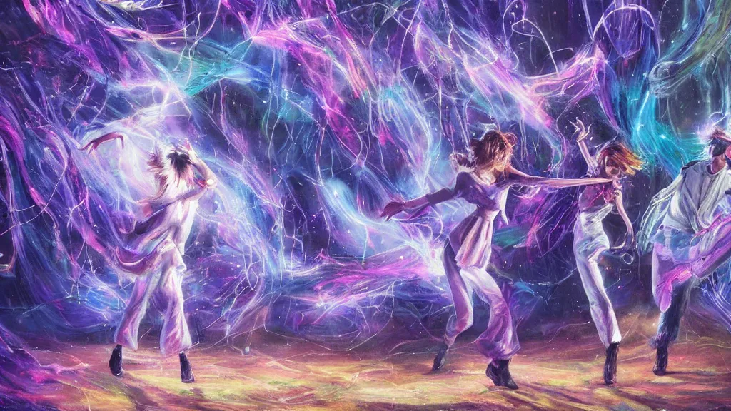 Prompt: beautiful and detailed soft painting of two people dressed as gen z dancing togheter in a nightclub enveloped in trails of colorful animal ghosts floating around them. clean painting, realistic and auora lighting. dark blue and intense purple color palette, art by yoshiyuki tomino, masterpiece, 8 k