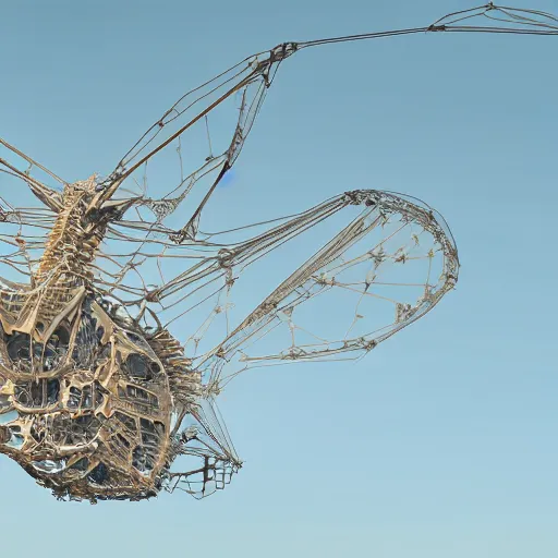 Image similar to a cel shaded rendering of an enormous biomechanical cyber strandbeest dragonfly in flight over a city. high key lighting. by theo jansen by alberto baisi