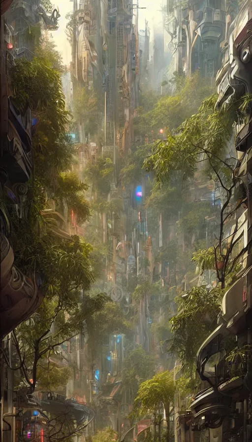 Image similar to hyper realistic cyberpunk city, overtaken by lush plants, gnarly trees by tom bagshaw, mucha, gaston bussiere, craig mullins, j. c. leyendecker 8 k