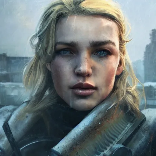 Image similar to fallout 5, charismatic beautiful rugged blonde female protagonist, portrait, outdoors ruined cityscape, atmospheric lighting, painted, intricate, volumetric lighting, beautiful, daytime, slight overcast weather, sharp focus, deep colours, ultra detailed, by leesha hannigan, ross tran, thierry doizon, kai carpenter, ignacio fernandez rios