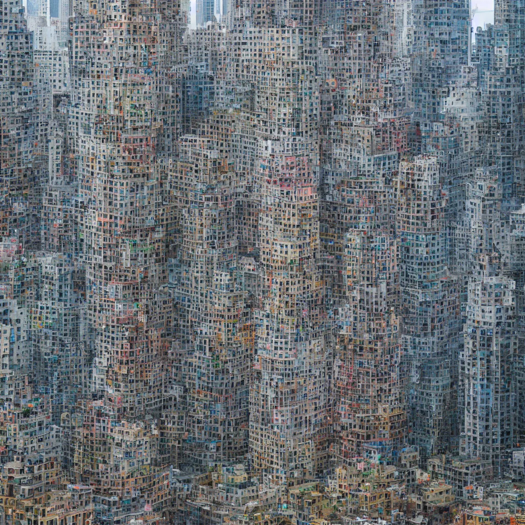 Image similar to a circular tower, made up of colourful makeshift squatter shacks in city downtown, dystopia, sony a 7 r 3, f 1 1, fully frontal view, ultra detailed, photographed by hiroshi sugimoto and,