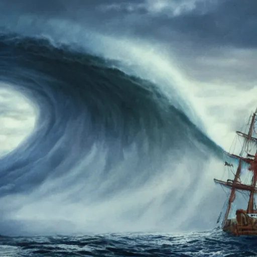 Prompt: A ketch is caught in an unprecedented tsunami, and a giant monster lurks in the clouds