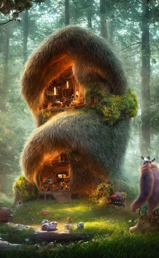 Image similar to a hut made of fur, magical forest, community, water bear, robots, electric, furry, soft, concept art, intricate details, highly detailed, photorealistic, disney pixar, octane render, iridescent, anime, 8 k