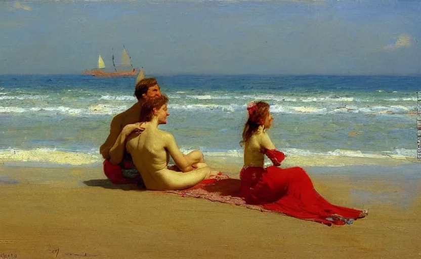 Image similar to high quality high detail painting by ilya repin, a couple sitting on a beach, hd