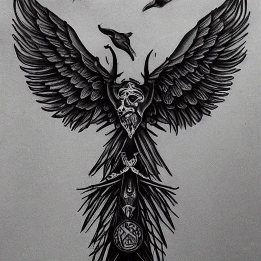 Image similar to raven mystic occult, symbolism mythos, highly detailed line tattoo, real tattoo, realistic realism, design concepts