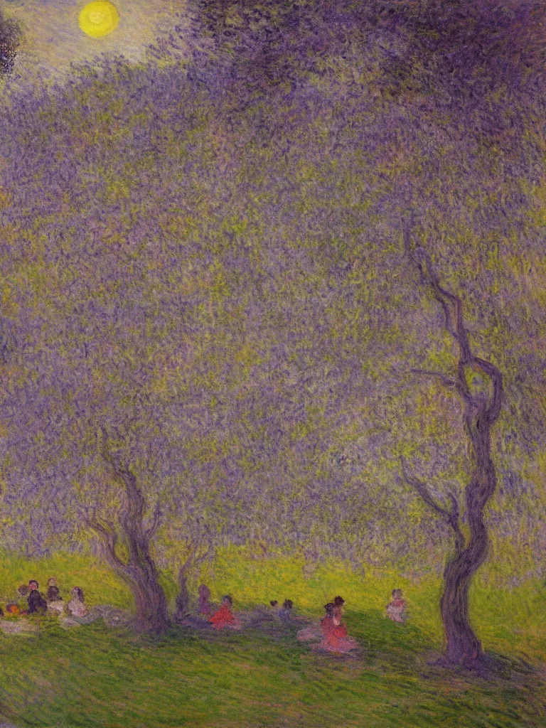 Prompt: gauzy impressionist painting of my backyard in the evening with an old apple tree with people! dancing in the moonlight, purplish cast, color oil painting by claude monet and piet mondrian, cosmic trending on artstation 8 k