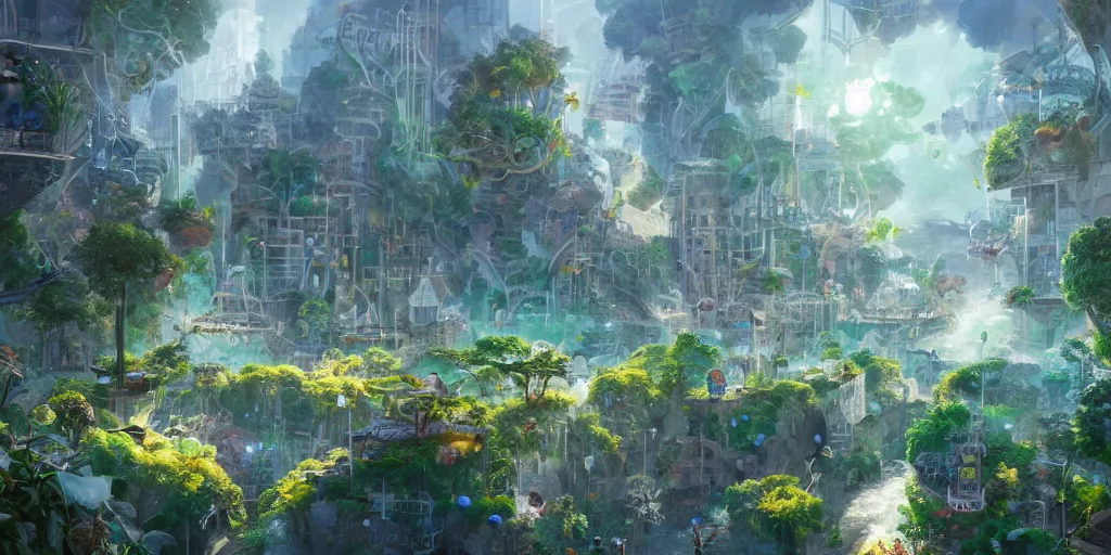 Image similar to a utopian city, filled with fauna, with bubbles floating around everywhere, building cover with plant, dynamic lighting, fantasy concept art, trending on art station, stunning visuals, creative, cinematic, ultra detailed