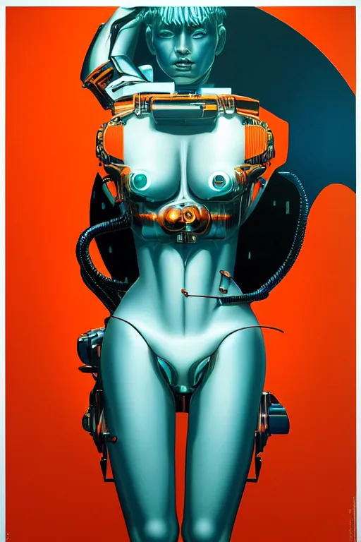 Image similar to cyborg art by Hajime Sorayama and Artemisia Gentileschi, centered, symmetrical, led, teal and orange, bilateral symmetry, third person, 70s poster, blade runner, kubrik, 2D matte illustration