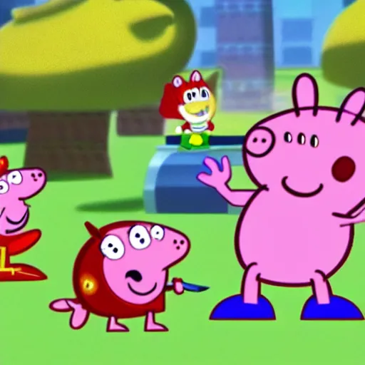 Image similar to sonic and peppa pig crossover, cartoon network stillframe, hd,