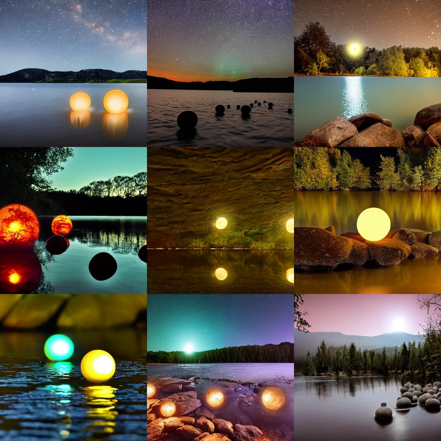 Prompt: glowing orbs over a lake in the night, wet rocks