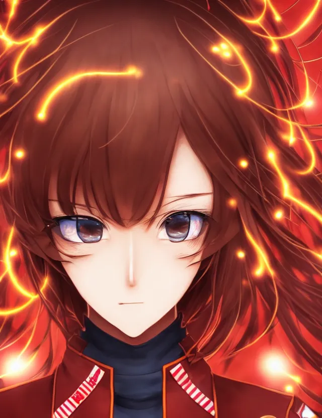 Image similar to a detailed manga portrait of a beautiful brown haired woman in a military uniform glowing with swirling red energy, trending on artstation, digital art, 4 k resolution, detailed, high quality, sharp focus, hq artwork, coherent, insane detail, character portrait