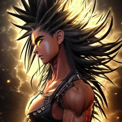 Prompt: warrior girl, muscular girl, wild spiky black saiyan hair, long spiky hair, electrified hair, insane hair, electrical aura, high voltage, ultra realistic, intricate details, highly detailed, subsurface scattering, photorealistic, octane render, 8 k, art by artgerm, greg rutkowski, magali villeneuve, alphonse mucha