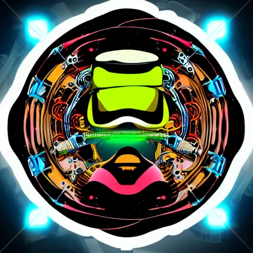 Prompt: sticker of a rock band, name is tripmachine, on the sticker is a 3 d render of a huge futuristic steampunk generator with musician robots, 8 k, fluorescent colors, halluzinogenic, multicolored, exaggerated detailed, silk screen art