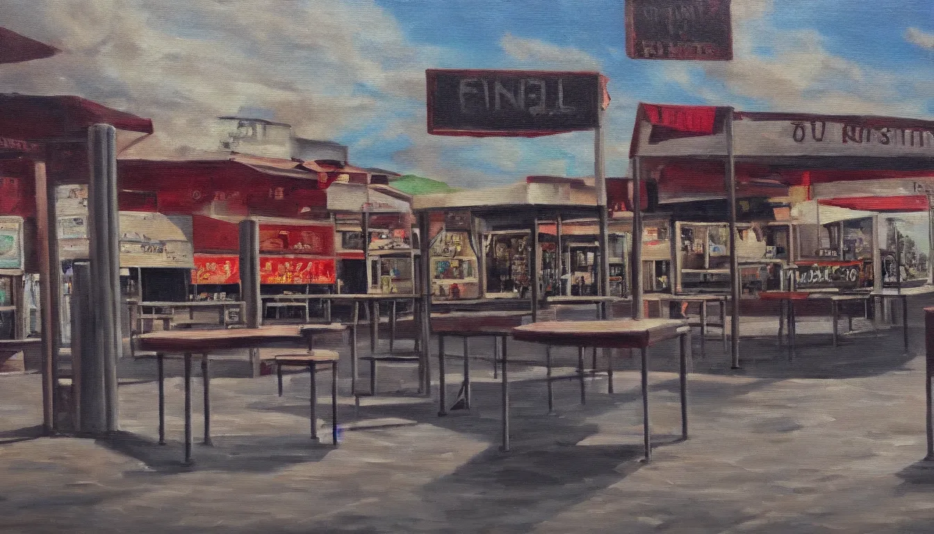 Prompt: oil painting of empty outside town fair, counters, no people, sad, melancholic, depressing, very detailed, emotional, 4 k