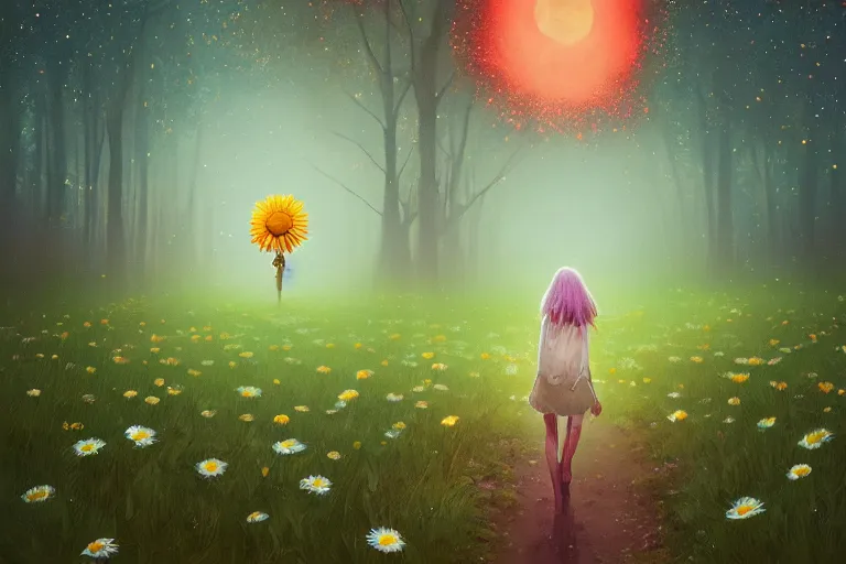 Image similar to huge daisy flower over head, girl walking in forest, surreal photography, dark night, stars, moon light, impressionist painting, clouds, digital painting, artstation, simon stalenhag