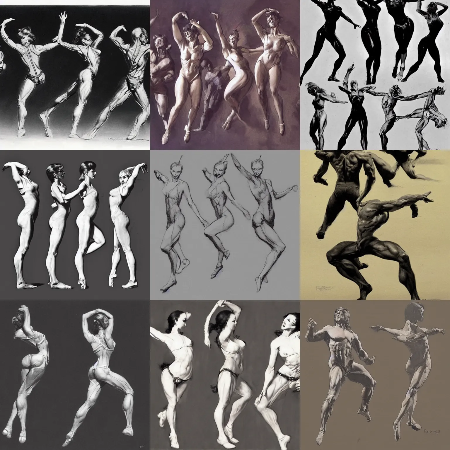 Prompt: dancing anatomy study in dynamic poses by frank frazetta