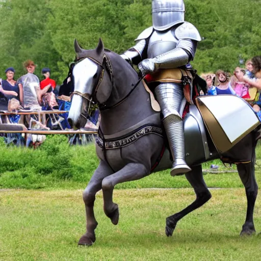 Image similar to a mounted knight in full armor and a lance, riding in a jousting tournament