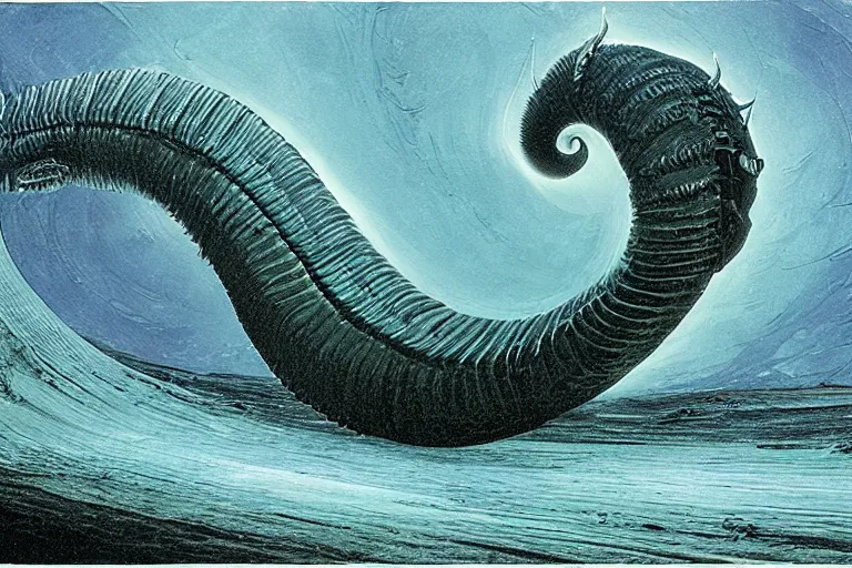 Image similar to angry, screaming nautilus sandworm, made of neon light volumetric lighting, by caspar david friedrich and wayne barlowe and ted nasmith