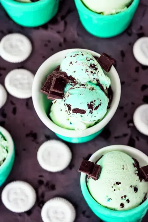 Prompt: refreshing white mint icecream with bits of oreo cookies inside, chocolate mint icecream