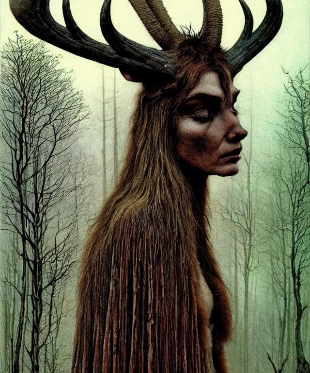 Image similar to A detailed horned antelopewoman stands by the forest. Wearing a ripped mantle, robe. Perfect faces, extremely high details, realistic, fantasy art, solo, masterpiece, art by Zdzisław Beksiński, Arthur Rackham, Dariusz Zawadzki