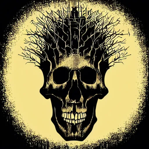 Image similar to dark death metal themed vector illustration for a record label, trees. forest, spikes, skull, microphone, skull, award winning, grunge, iconic, golden ratio